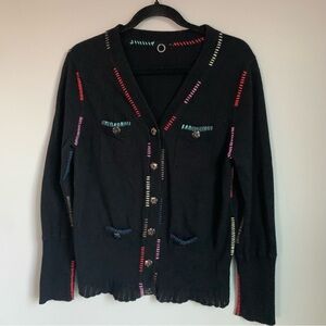 Anthropology One Girl Who Black Cardigan Sweater with Multicolor Stitching